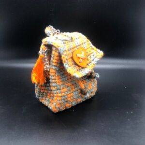 Handmade Crochet Mini Bag Keychain –Orange & Grey Key Ring w/Heart Button Tassel
